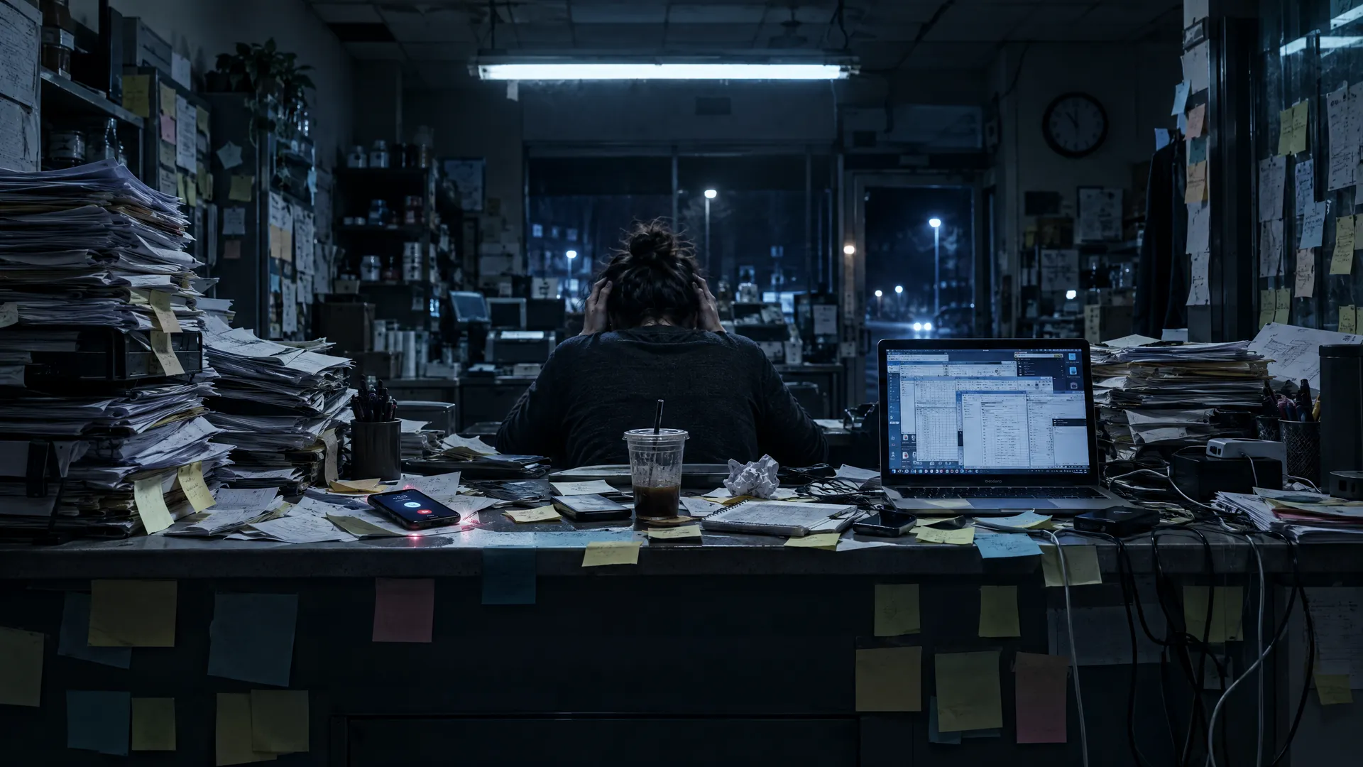 Before: an owner at a cluttered counter late at night, buried in paperwork and missed calls