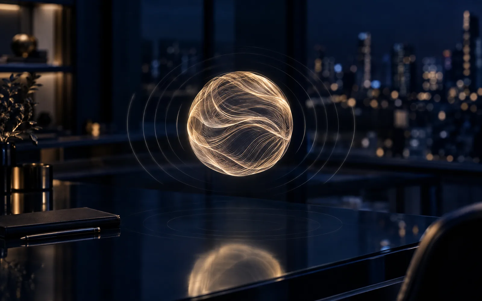 Jarvis visualised as a sphere of champagne light above a desk